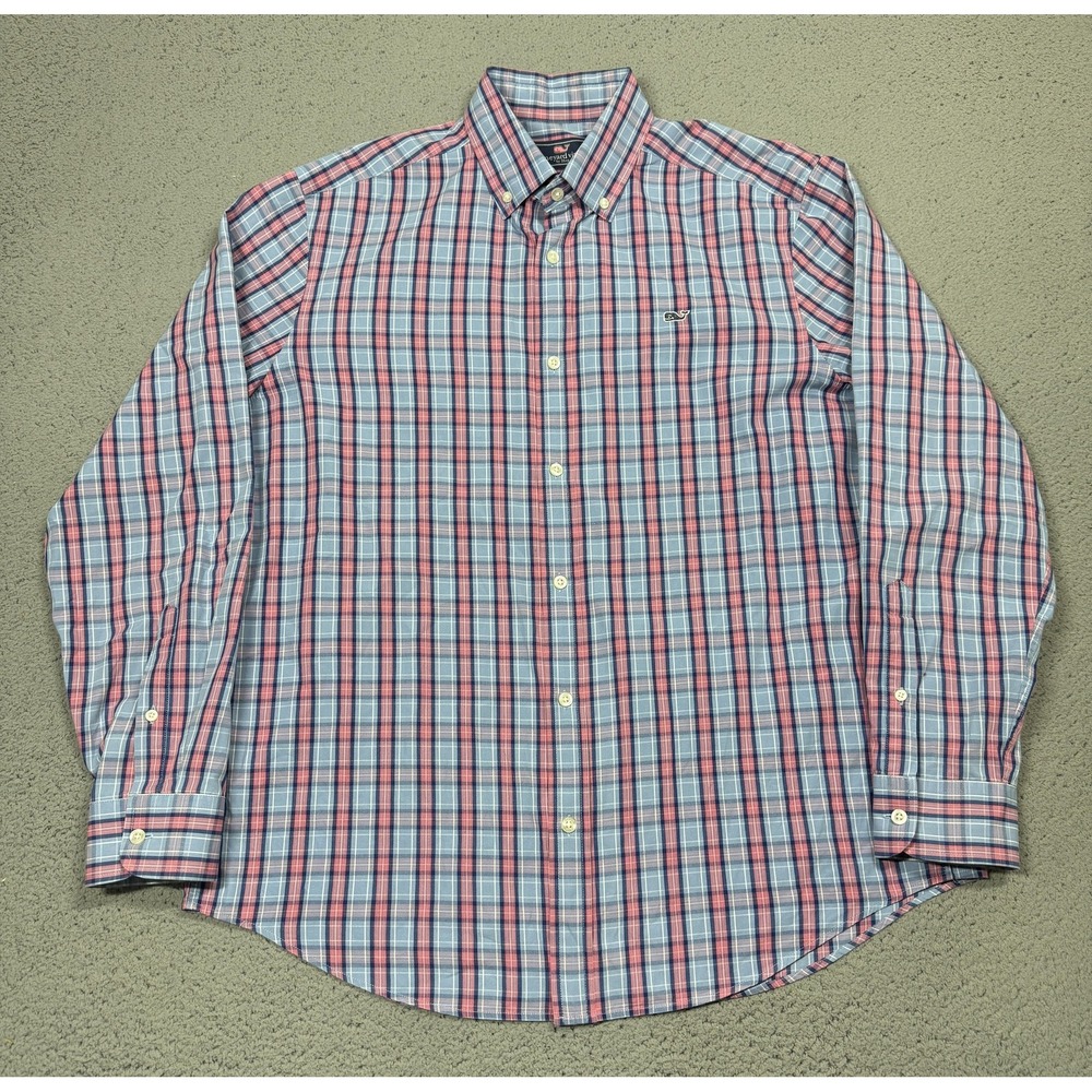 Vineyard Vines Whale Shirt Mens Large Blue Plaid Long Sleeve Button Down Casual